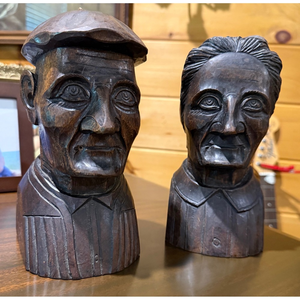 Jose Alberdi Vintage Hand Carved Wood Bust Set Bookends Spain 1960s - 8"